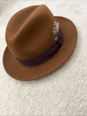 Womens Brown Felt Fedora Hat with Ribbon and Feather Accent